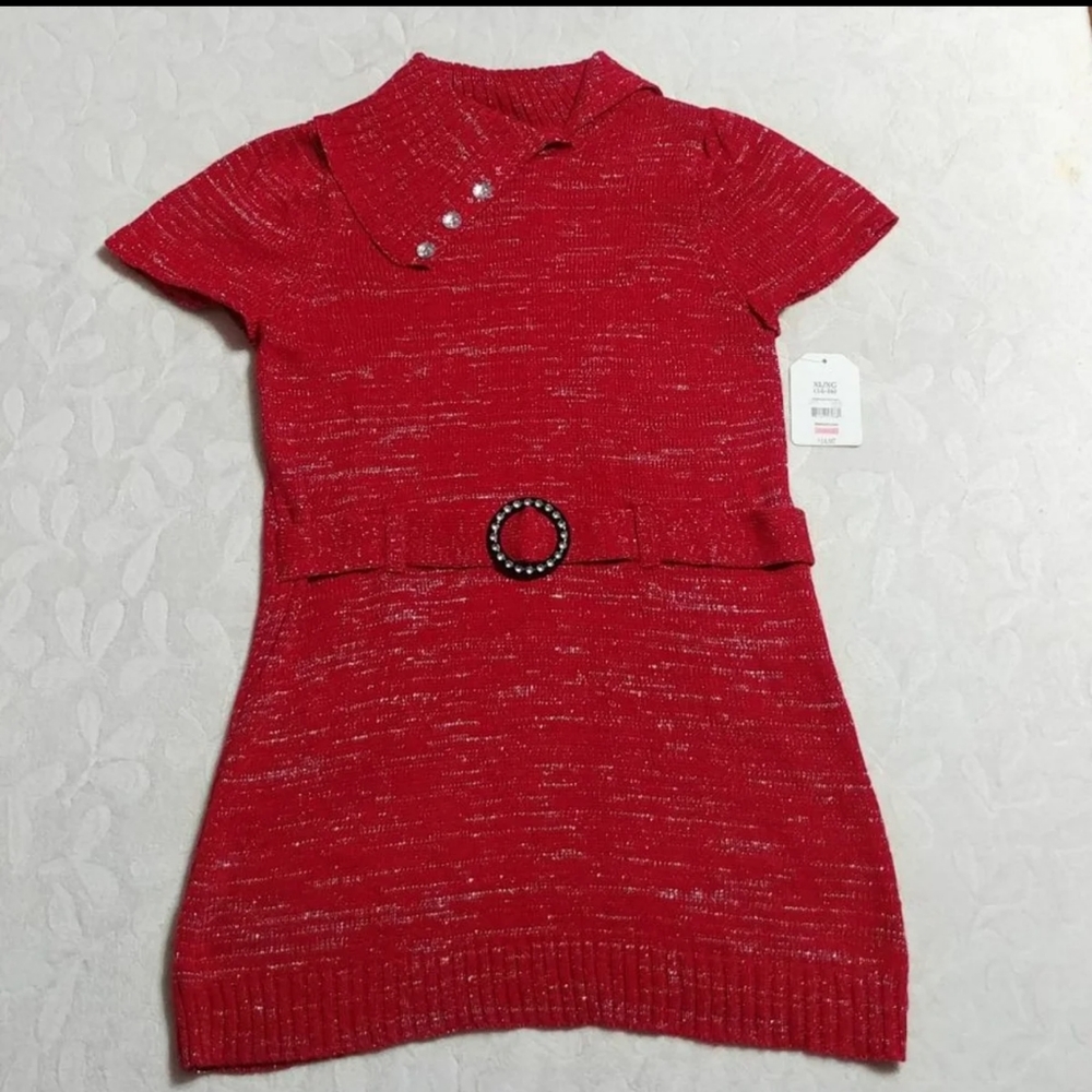 NEW red silver sweater dress rhinestones short sle